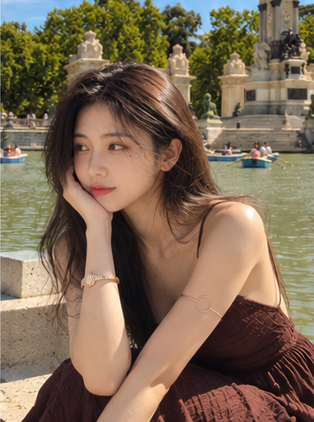 Virtual influencer image generated by SyncAvatar Studio: a woman in a burgundy dress by a fountain